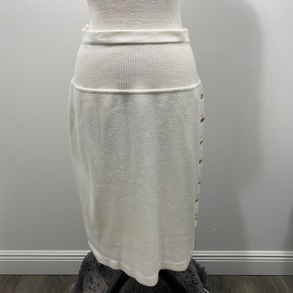 VTG Schrader Knit Sweater Skirt Gold Button Detail‎ Ribbed Waist Ivory Sz 14